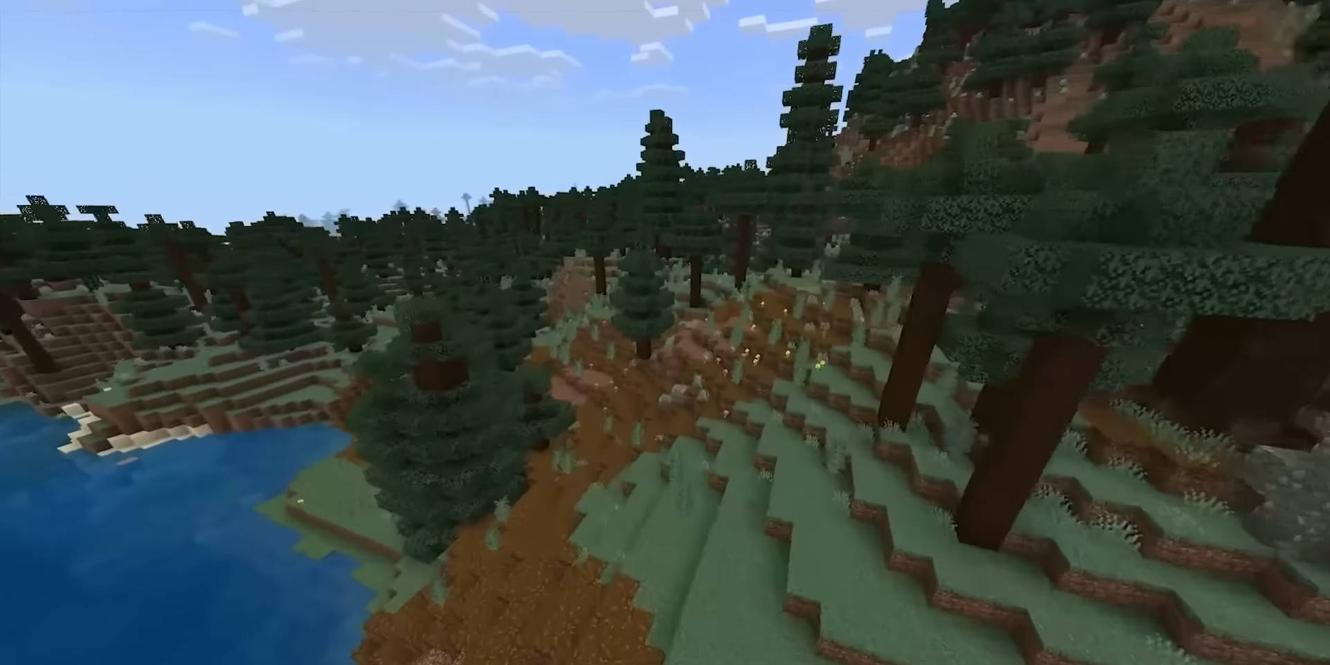 Игровой кадр Minecraft: река и хвойный лес